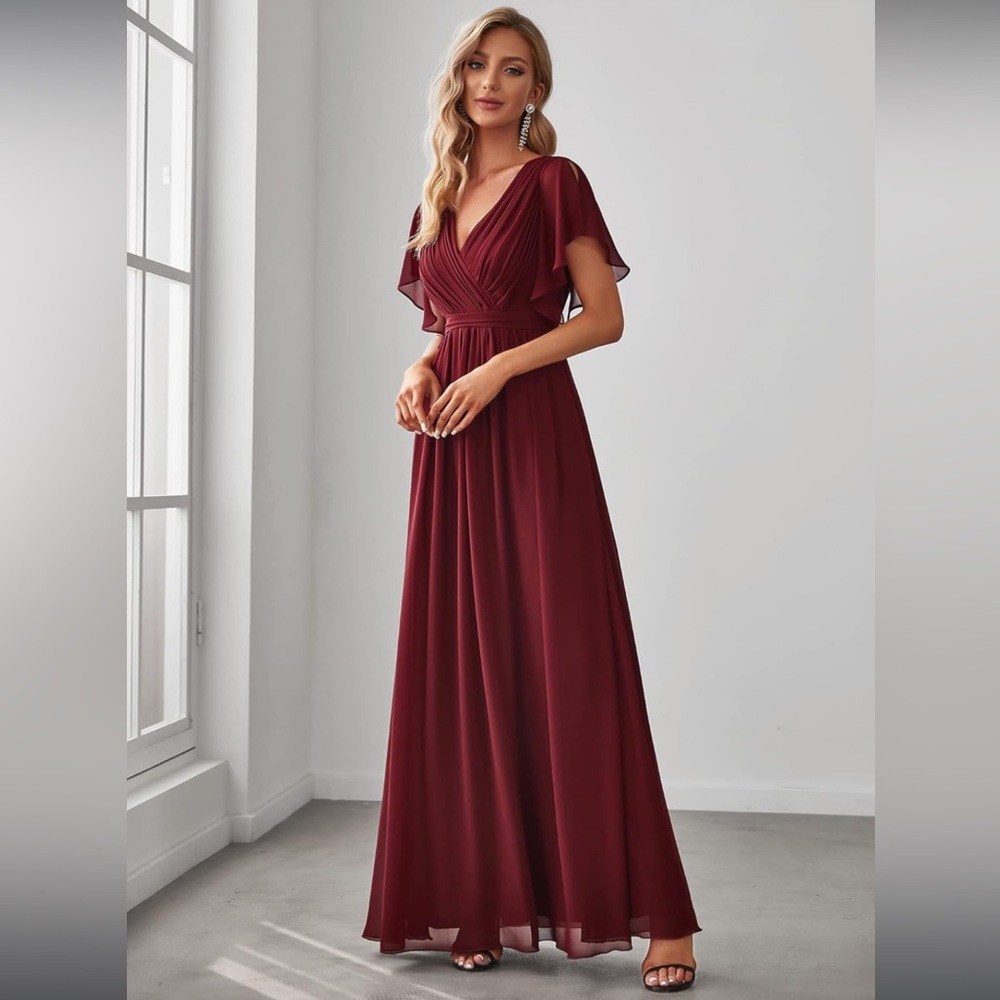 Burgundy V-Neck Floor-Length Bridesmaid Dress